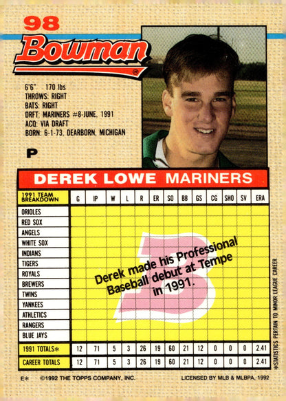 Derek Lowe 1992 Bowman 98 - Collector Store LLC