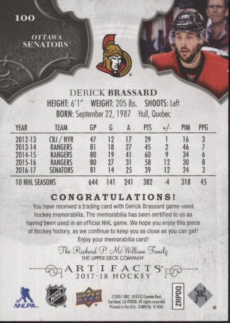 Derick Brassard 2017 - 18 Upper Deck Artifacts Green swatch 50/65 #100 - Collector Store LLC