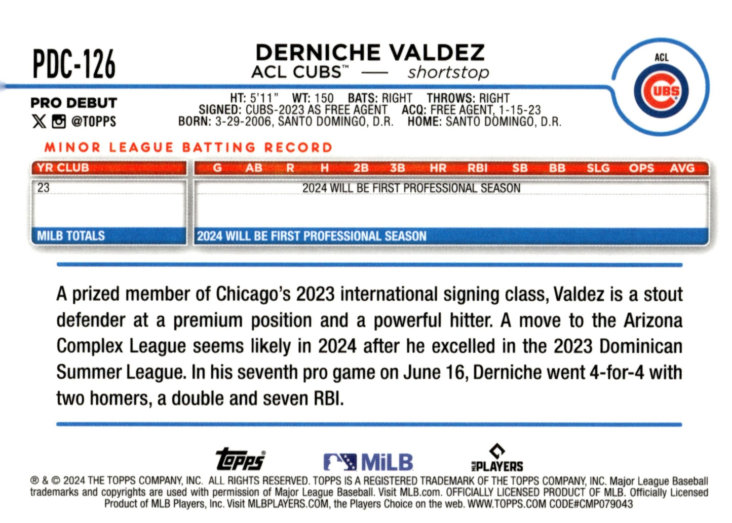 Derniche Valdez 2024 Topps Chrome Pro Debut Xfractor Refractor #PDC - 126 - Collector Store LLC