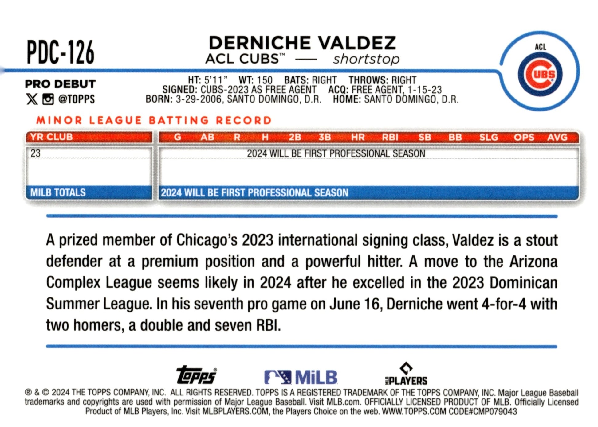 Derniche Valdez 2024 Topps Chrome Pro Debut Xfractor Refractor #PDC - 126 - Collector Store LLC