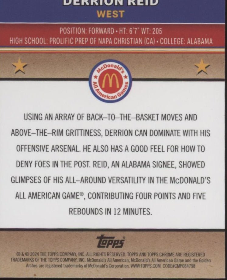 Derrion Reid 2024 Topps Chrome McDonald's All American McFlurry Refractor #41 #1 - Collector Store LLC
