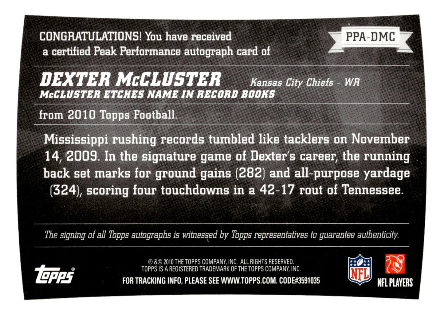 Dexter McCluster 2010 Topps Peak Performance Auto #PPA - DMC - Collector Store LLC