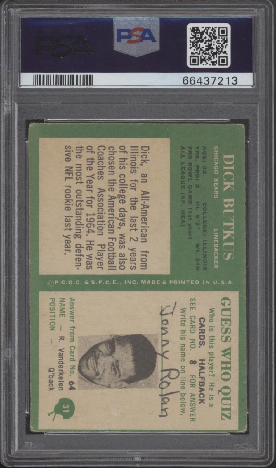 Dick Butkus 1966 Philadelphia #31 PSA 4 (MK) - Collector Store LLC