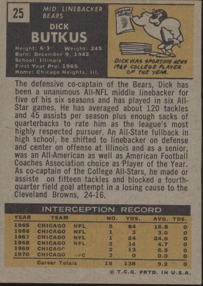 Dick Butkus 1971 Topps #25 Chicago Bears VG - Collector Store LLC