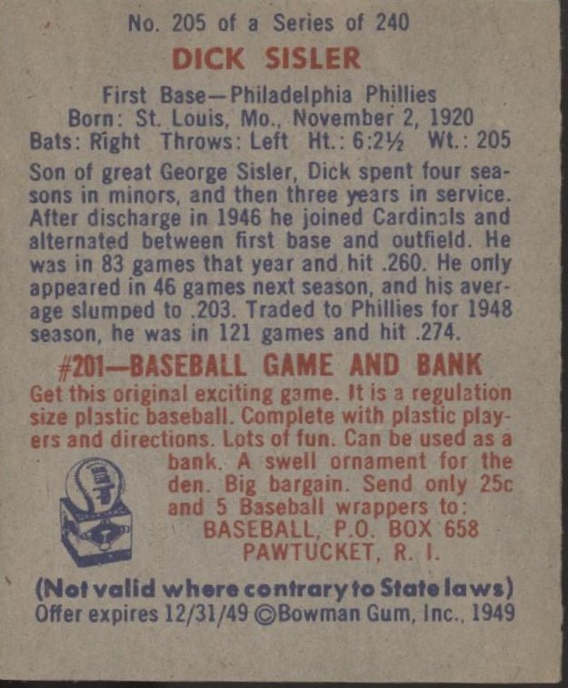 Dick Sisler 1949 Bowman #205 Philadelphia Phillies EX - Collector Store LLC