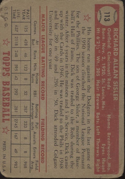 Dick Sisler 1952 Topps #113 Cincinnati Reds GD - Collector Store LLC