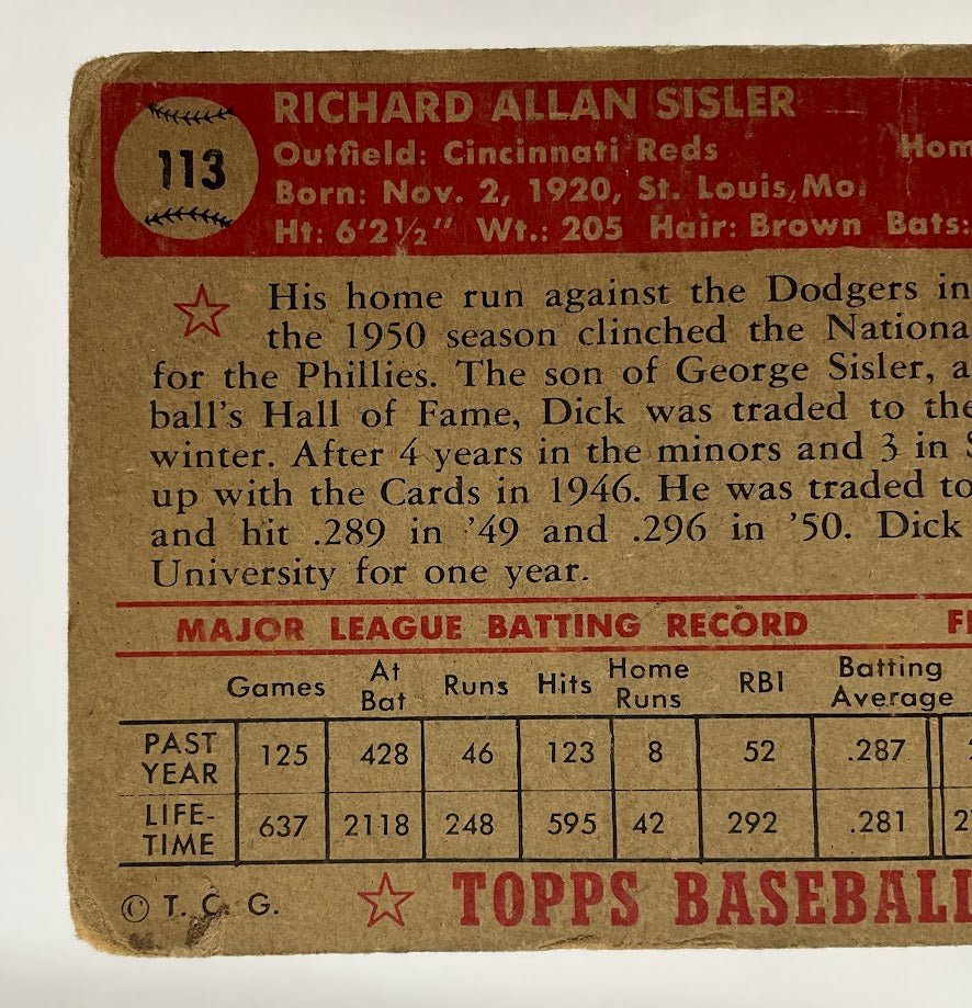 Dick Sisler 1952 Topps #113 Cincinnati Reds GD - Collector Store LLC