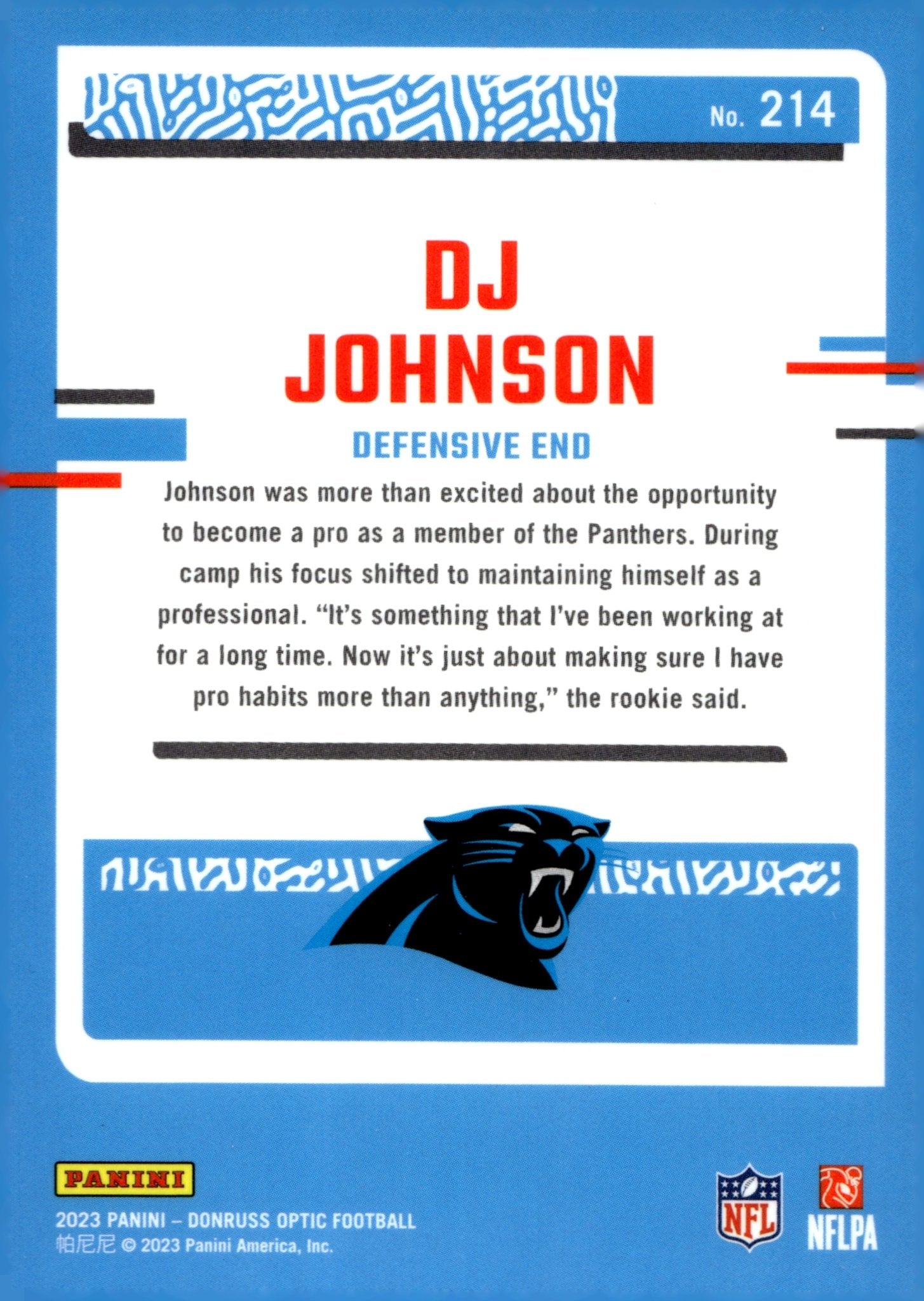 DJ Johnson 2023 Panini Donruss Optic Rated Rookie RC #214 - Collector Store LLC