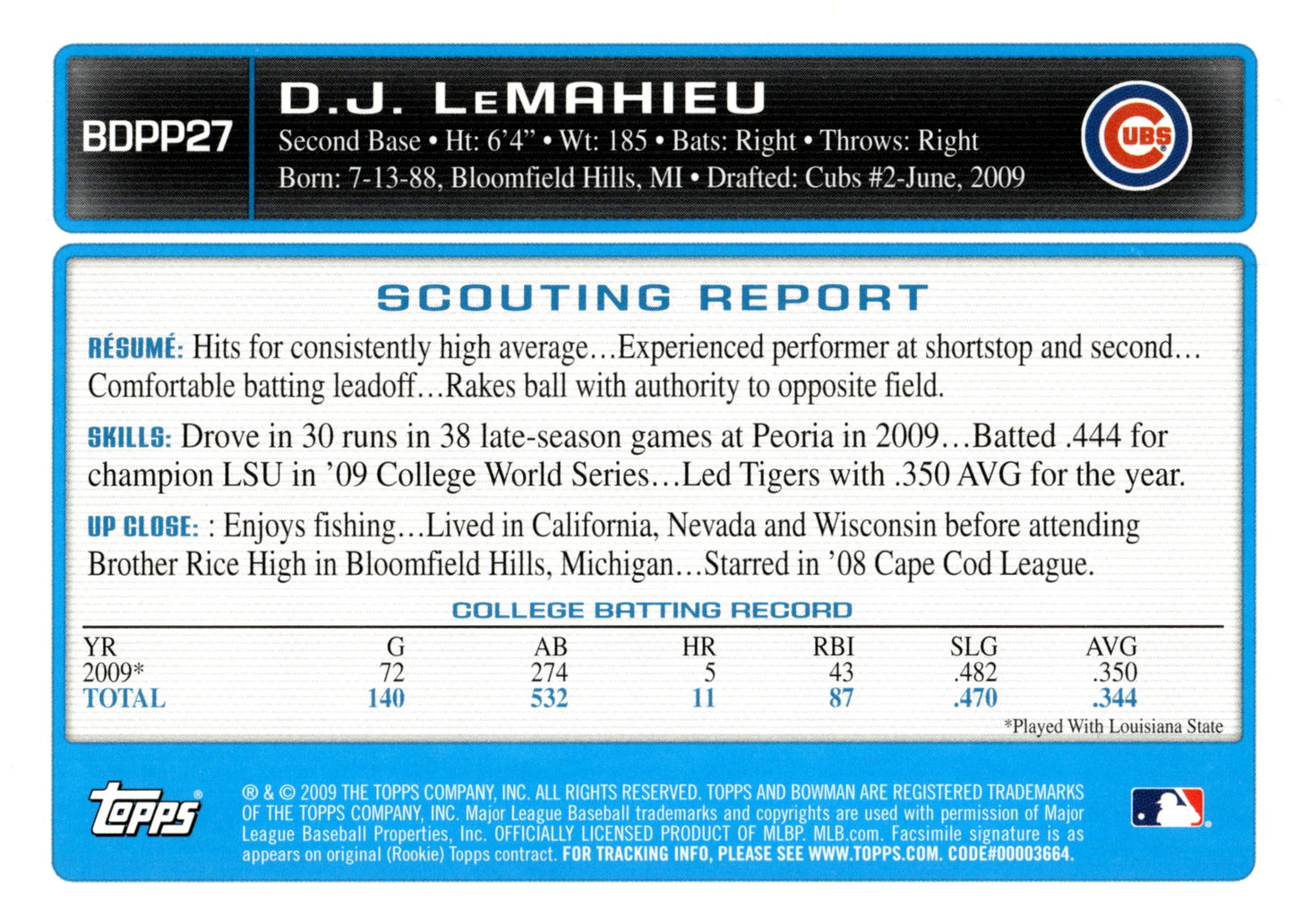 DJ LeMahieu 2009 Bowman BDPP27 2 - Collector Store LLC