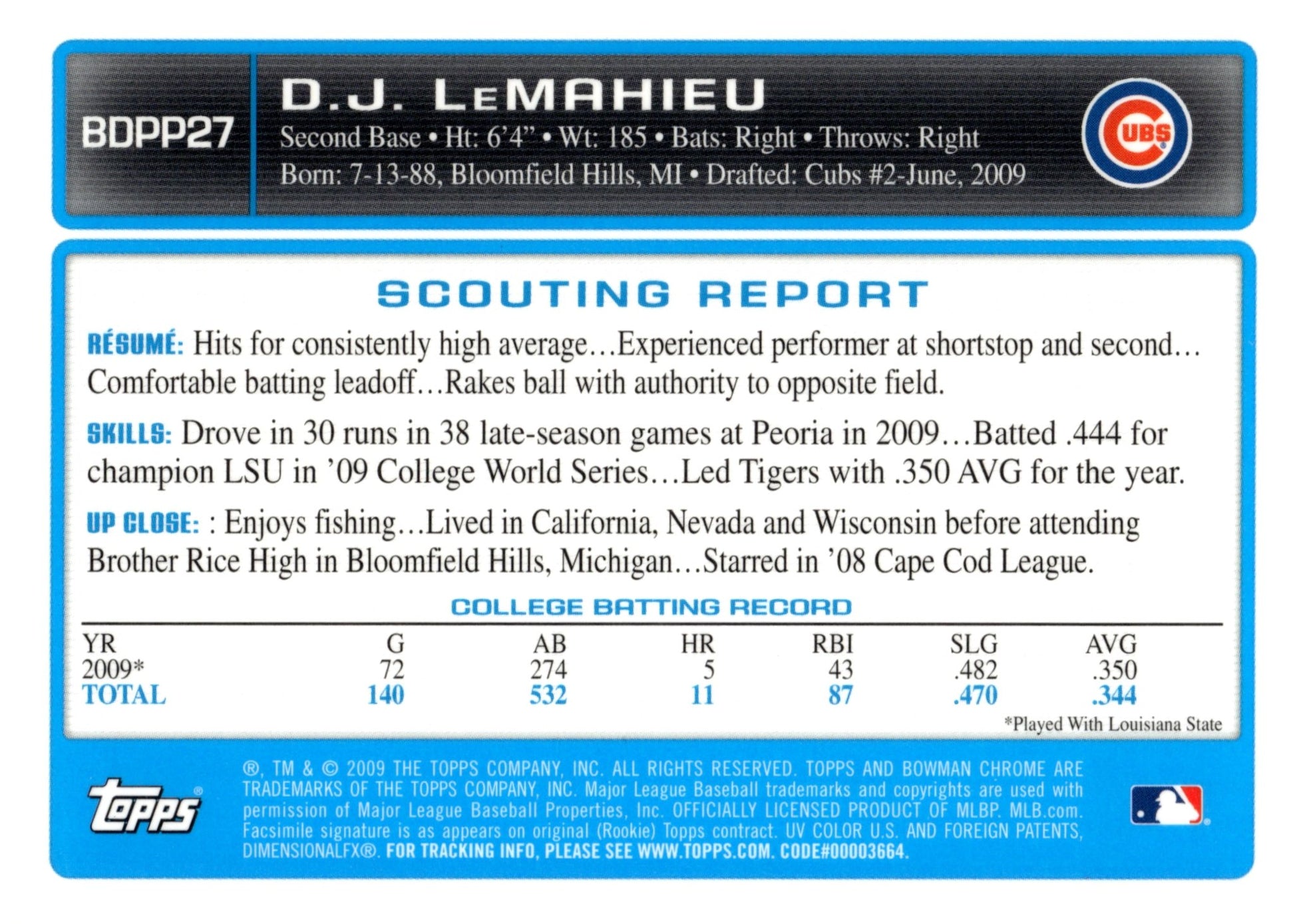 DJ LeMahieu 2009 Bowman Chrome #BDPP27 - Collector Store LLC