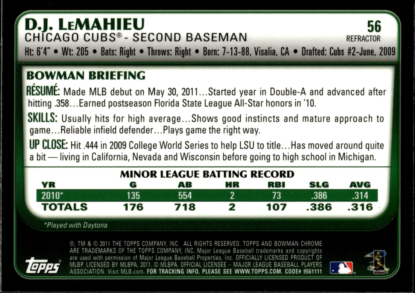 DJ LeMahieu 2011 Bowman Chrome Refractor RC #56 - Collector Store LLC