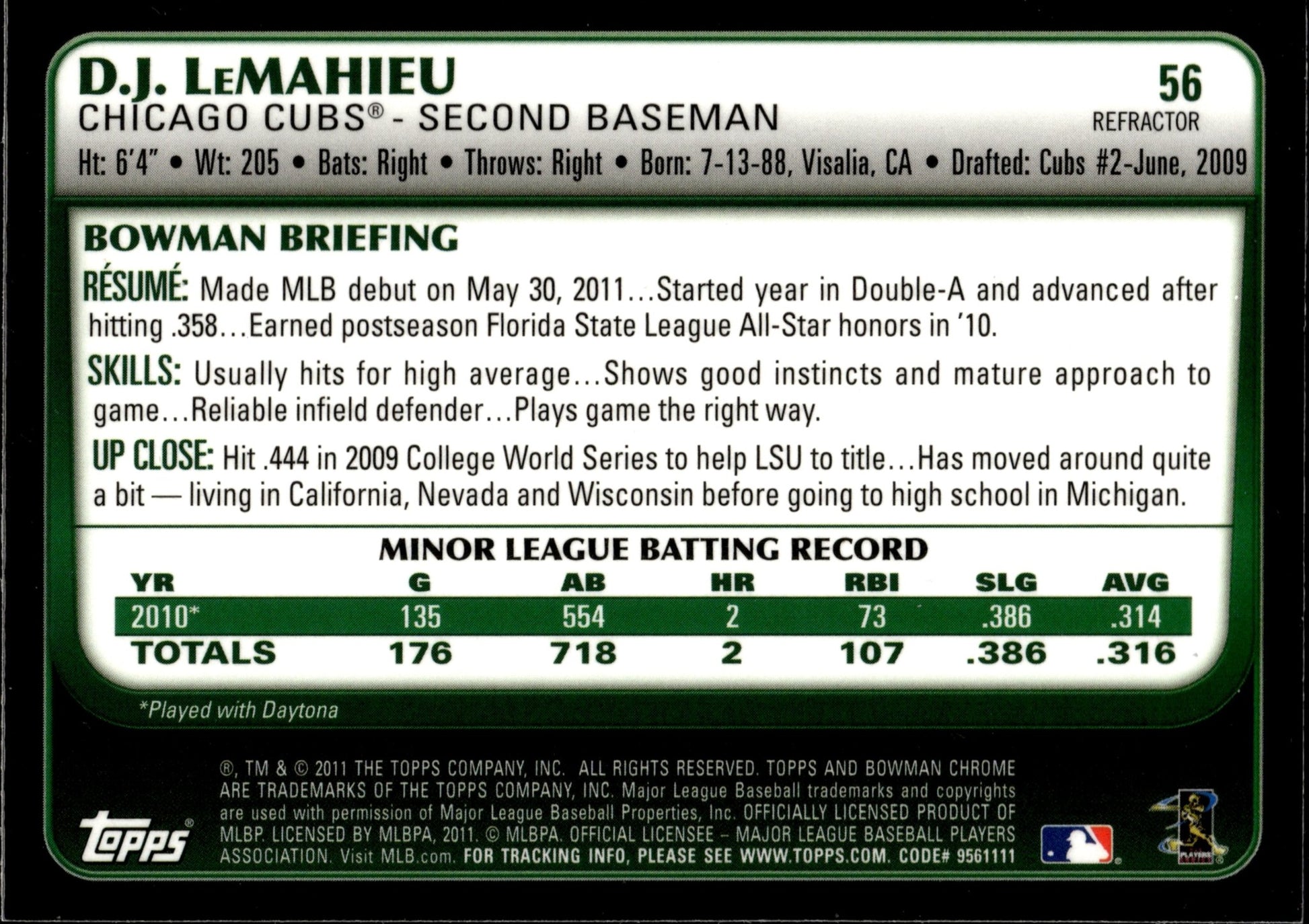 DJ LeMahieu 2011 Bowman Chrome Refractor RC #56 - Collector Store LLC