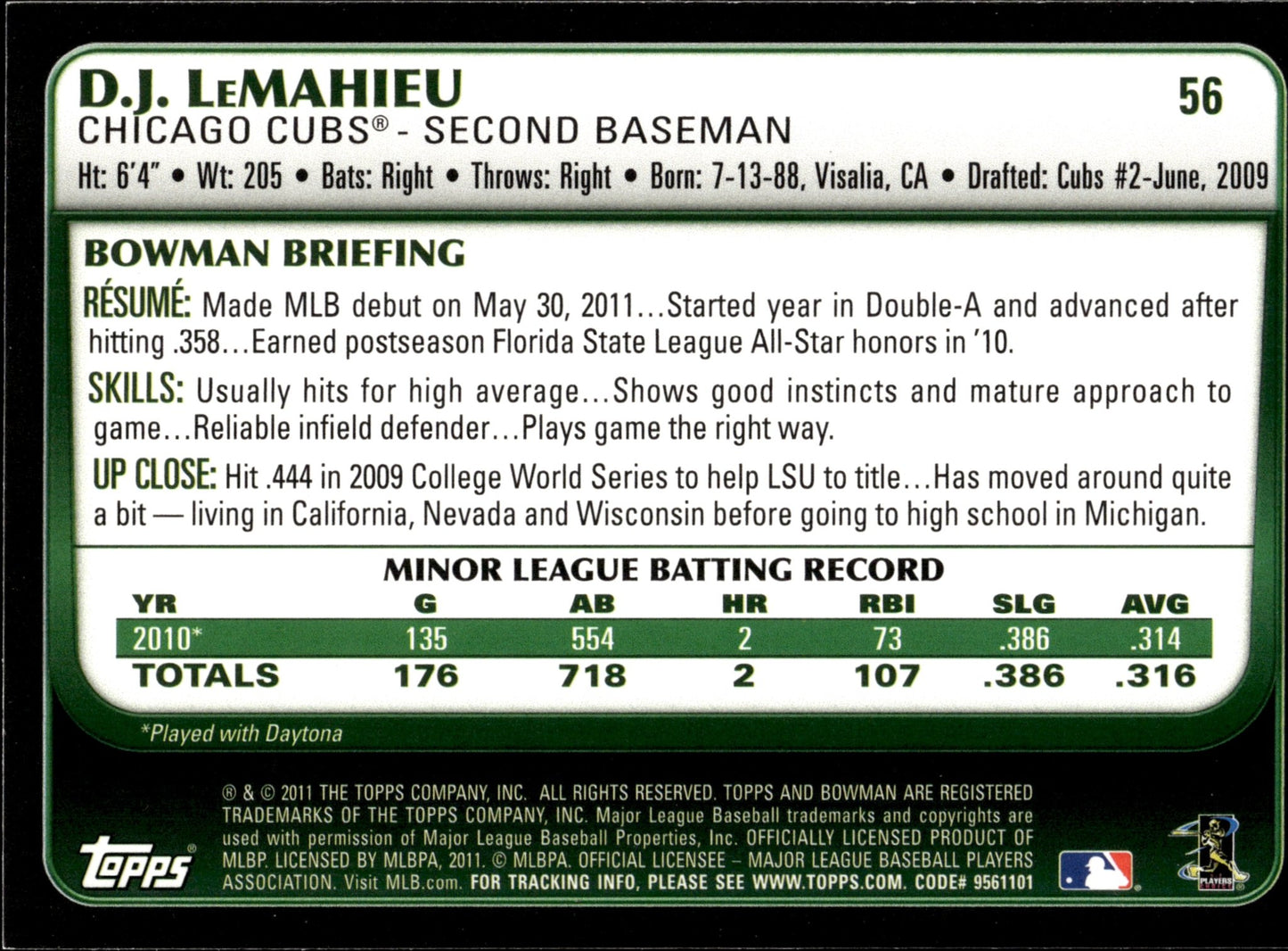DJ LeMahieu 2011 Bowman RC #56 - Collector Store LLC