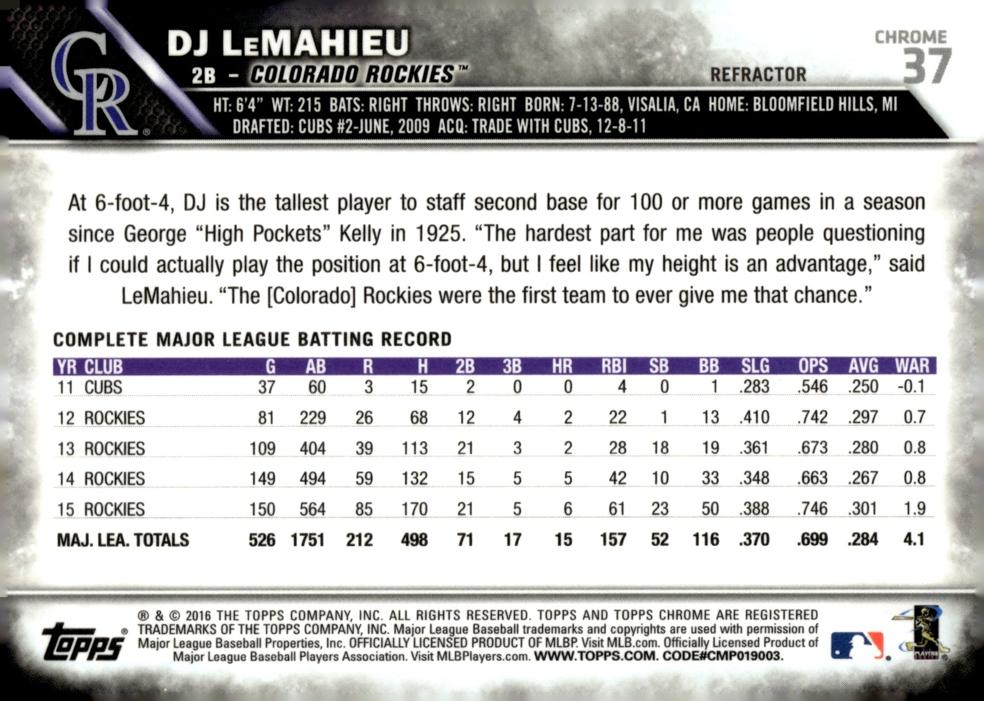 DJ LeMahieu 2016 Topps Chrome Refractor 37 - Collector Store LLC