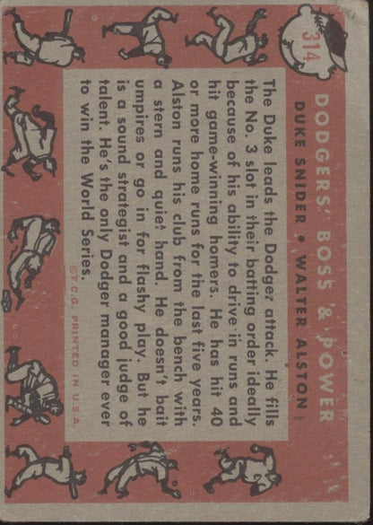Dodgers' Boss & Power 1958 Topps Duke Snider / Walter Alston #314 GD - Collector Store LLC