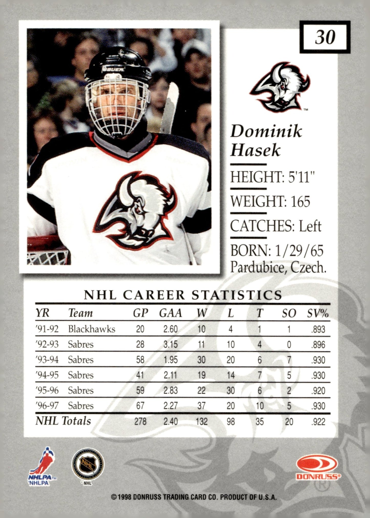 Dominik Hasek 1997 - 98 Donruss Elite #30 - Collector Store LLC