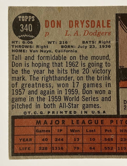 Don Drysdale 1962 Topps #340 Los Angeles Dodgers VG - Collector Store LLC