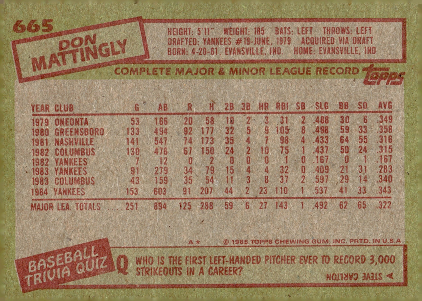 Don Mattingly 1985 Topps 665 - Collector Store LLC