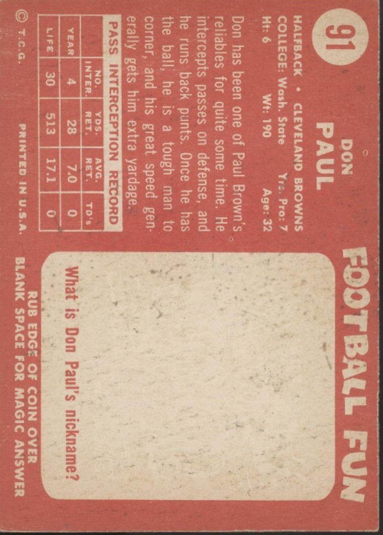 Don Paul 1958 Topps #91 Cleveland Browns VG - EX - Collector Store LLC