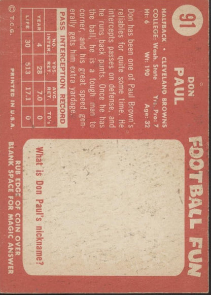 Don Paul 1958 Topps #91 Cleveland Browns VG - EX - Collector Store LLC