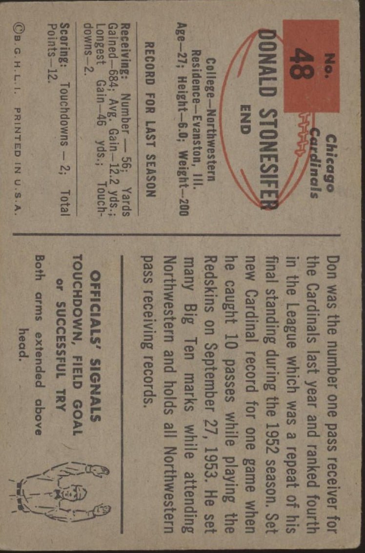 Don Stonesifer 1954 Bowman #48 Chicago Cardinals EX - Collector Store LLC