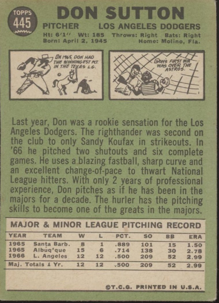 Don Sutton 1967 Topps #445 Los Angeles Dodgers VG - EX #3 - Collector Store LLC