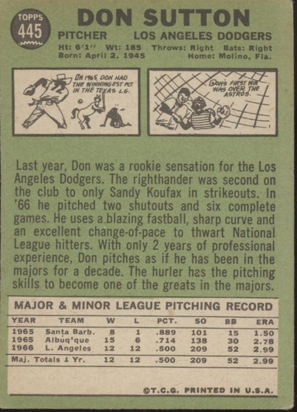 Don Sutton 1967 Topps #445 Los Angeles Dodgers VG - EX #3 - Collector Store LLC
