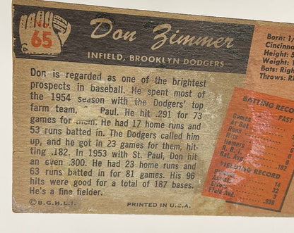 Don Zimmer 1955 Bowman RC #65 Brooklyn Dodgers GD - Collector Store LLC