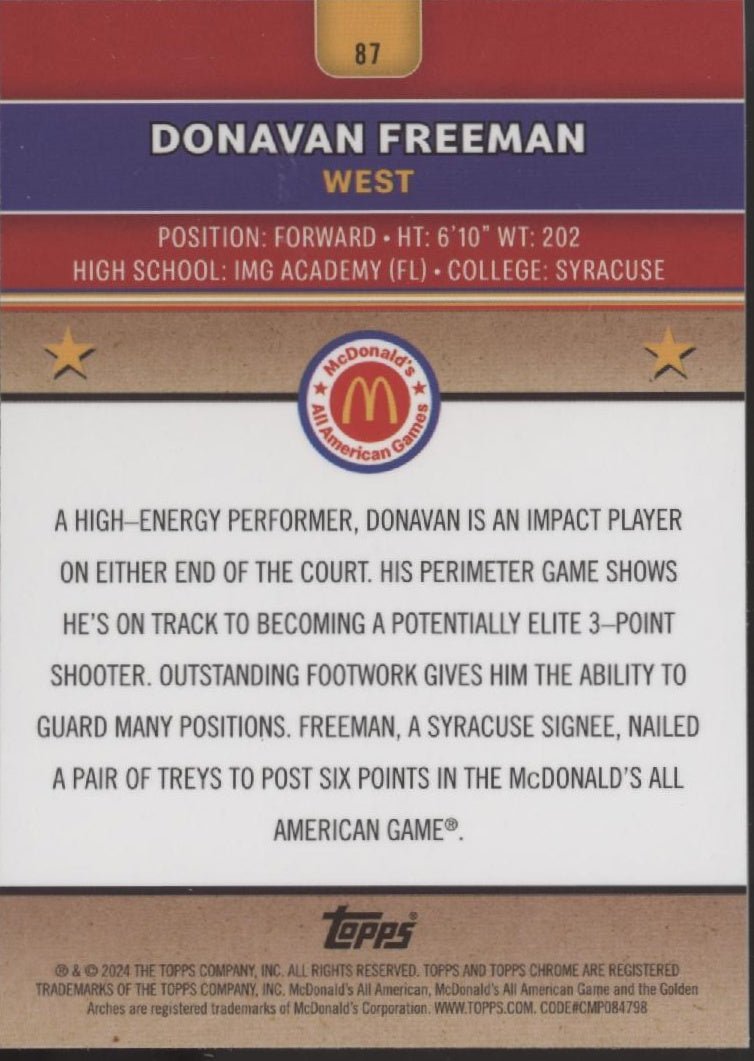 Donavan Freeman 2024 Topps Chrome McDonald's All American McFlurry Refractor #87 - Collector Store LLC