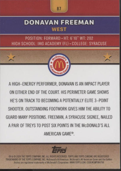 Donavan Freeman 2024 Topps Chrome McDonald's All American McFlurry Refractor #87 - Collector Store LLC