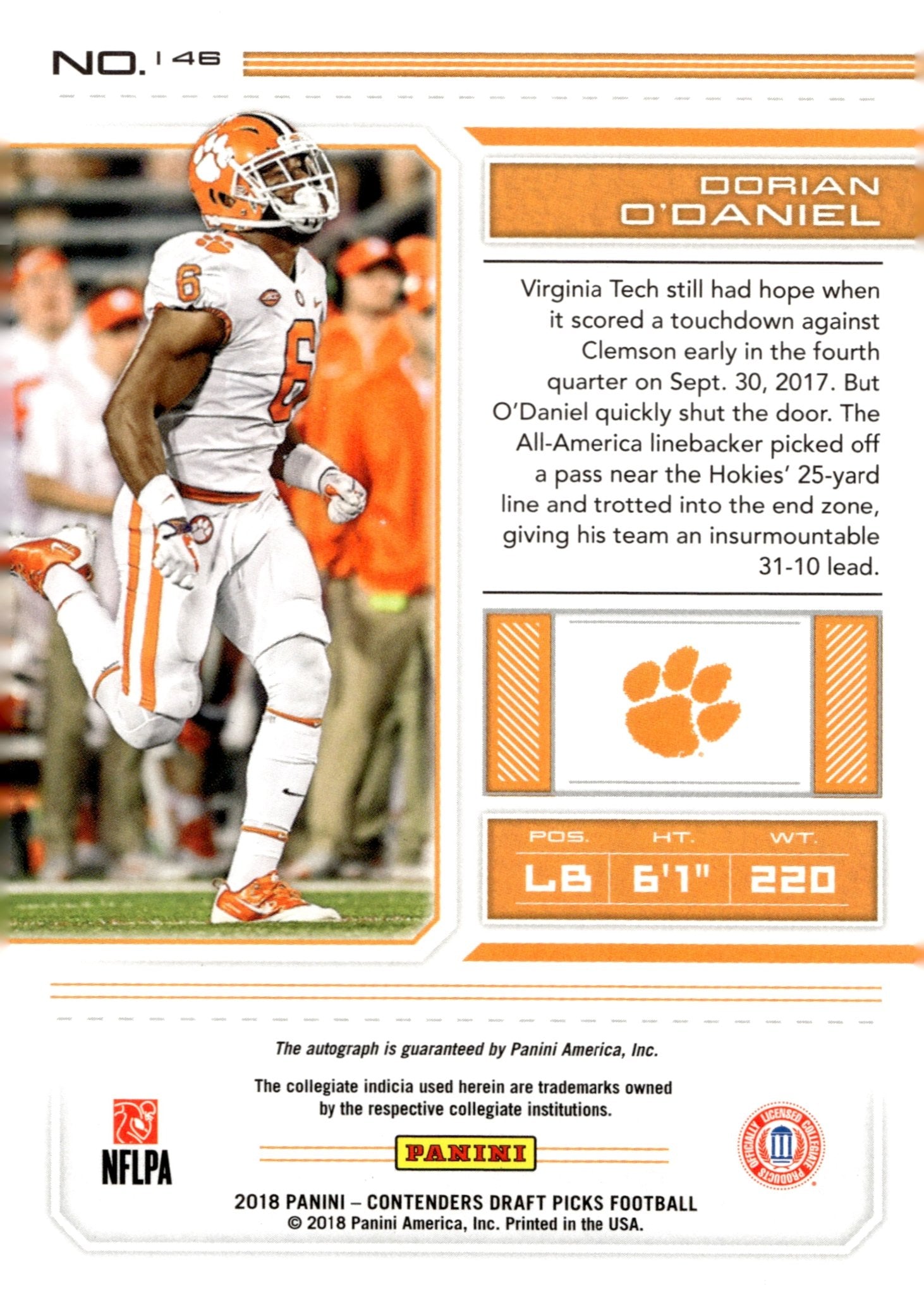 Dorian O'Daniel 2018 Panini Contenders Draft Picks College Ticket RC Auto #146 - Collector Store LLC