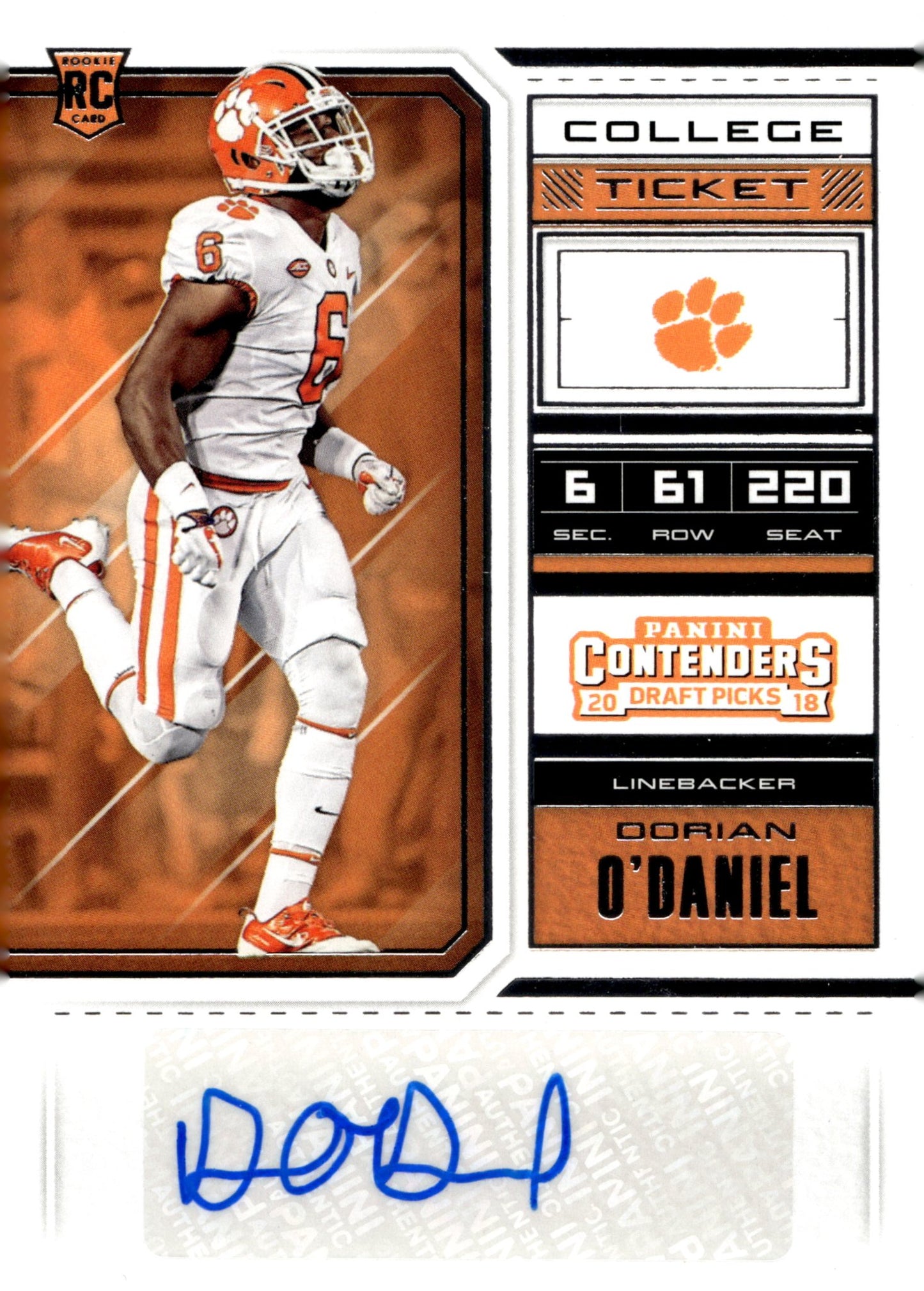 Dorian O'Daniel 2018 Panini Contenders Draft Picks College Ticket RC Auto #146 - Collector Store LLC