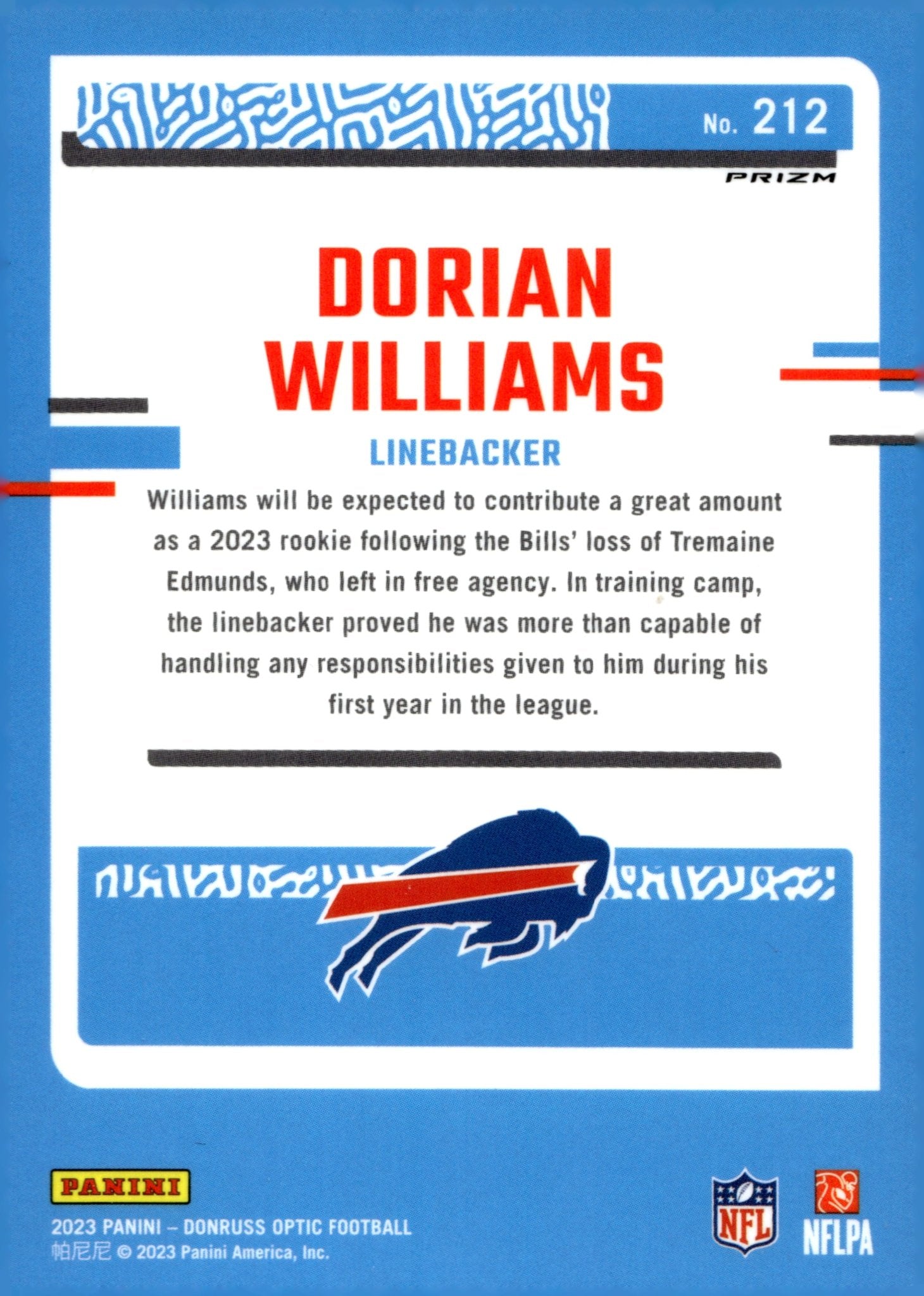 Dorian Williams 2023 Panini Donruss Optic Rated Rookie Blue Prism Prizm RC #212 - Collector Store LLC