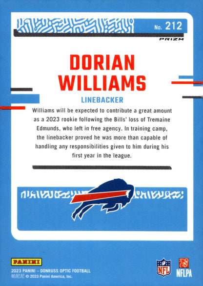 Dorian Williams 2023 Panini Donruss Optic Rated Rookie Blue Prism Prizm RC #212 - Collector Store LLC