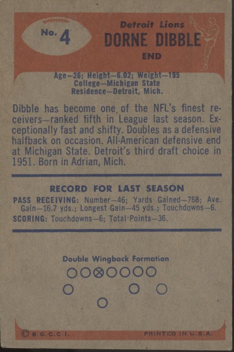 Dorne Dibble 1955 Bowman RC #4 Detroit Lions EX - Collector Store LLC