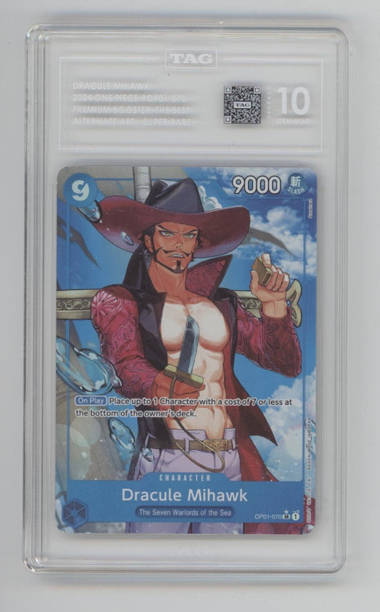 Dracule Mihawk One Piece Card Game Premium Booster The Best Alt Art #070 TAG 10 - Collector Store LLC