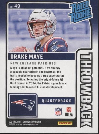 Drake Maye 2024 Panini Donruss Throwback Rated Rookie RC #49 - Collector Store LLC