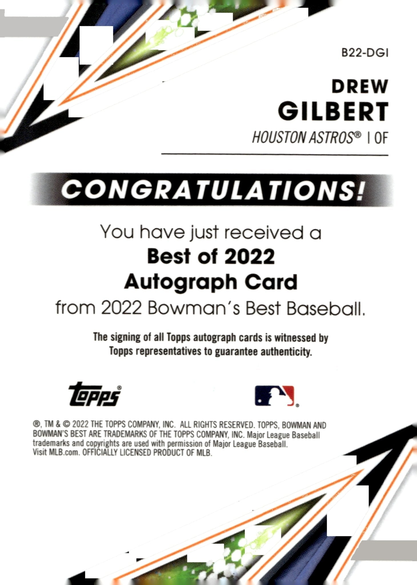 Drew Gilbert 2022 Bowman's Best Auto #B22 - DGI - Collector Store LLC