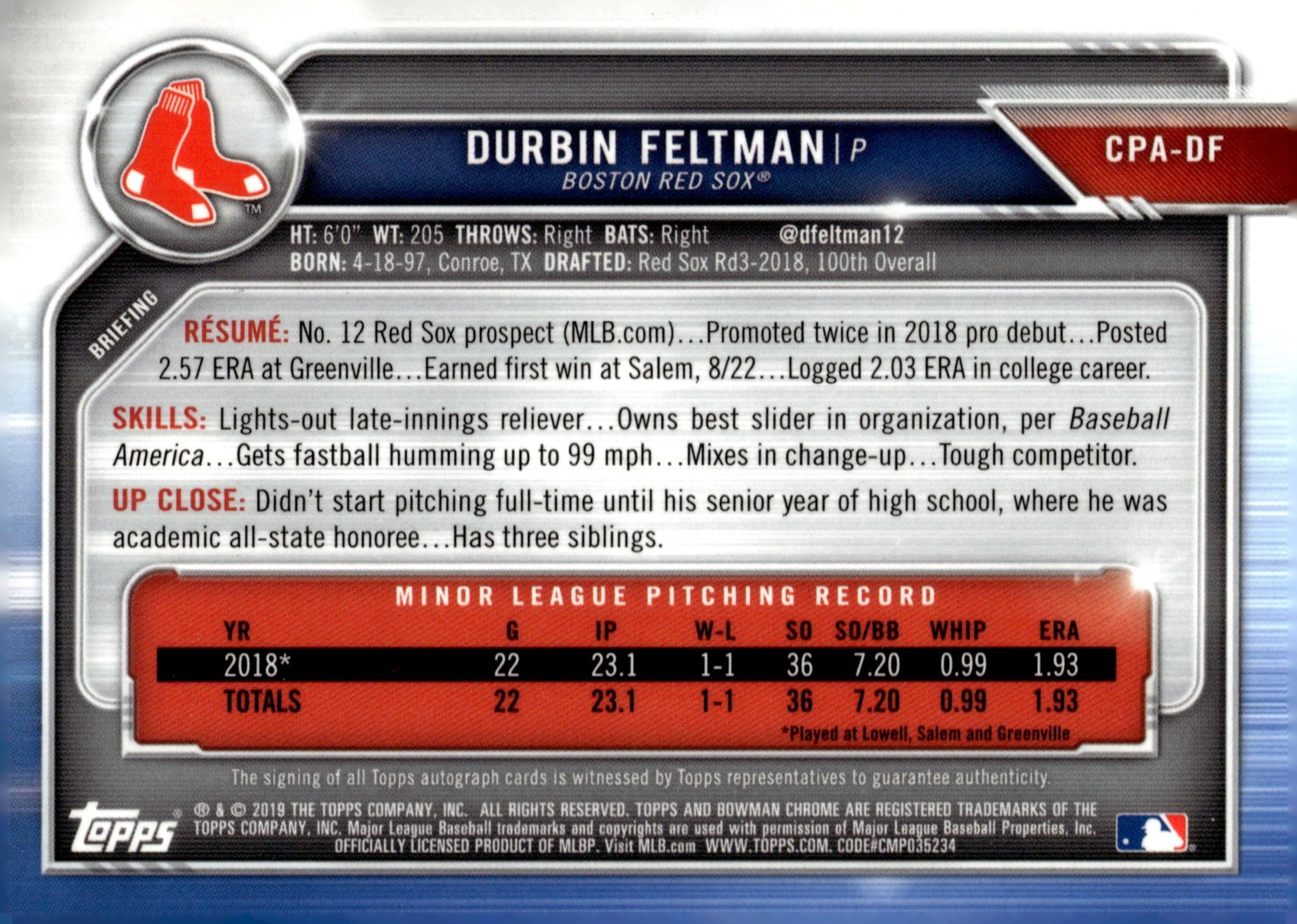 Durbin Feltman 2019 Bowman Chrome Purple Refractor Auto 137/250 #CPA - DF - Collector Store LLC