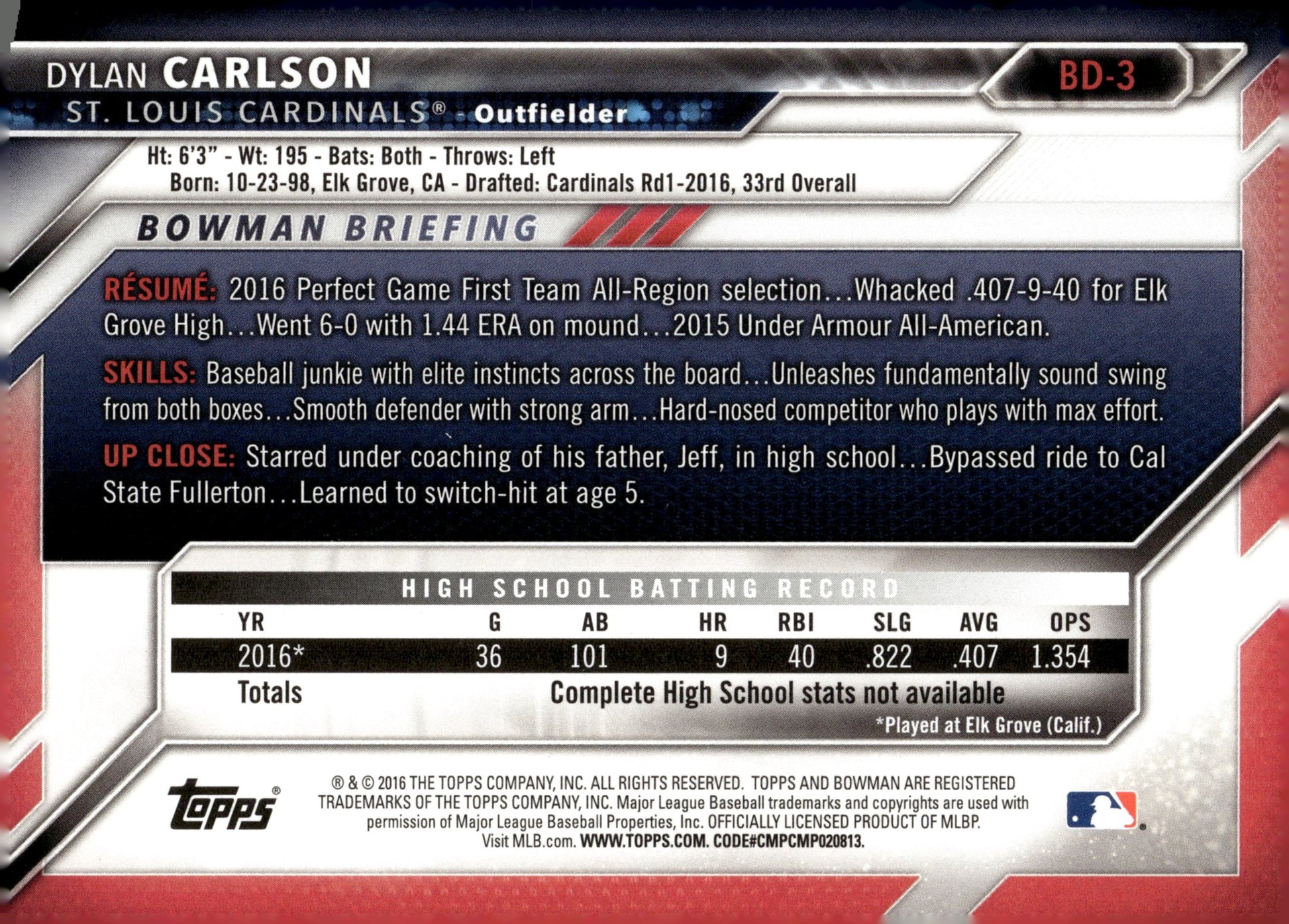 Dylan Carlson 2016 Bowman #BD - 3 - Collector Store LLC