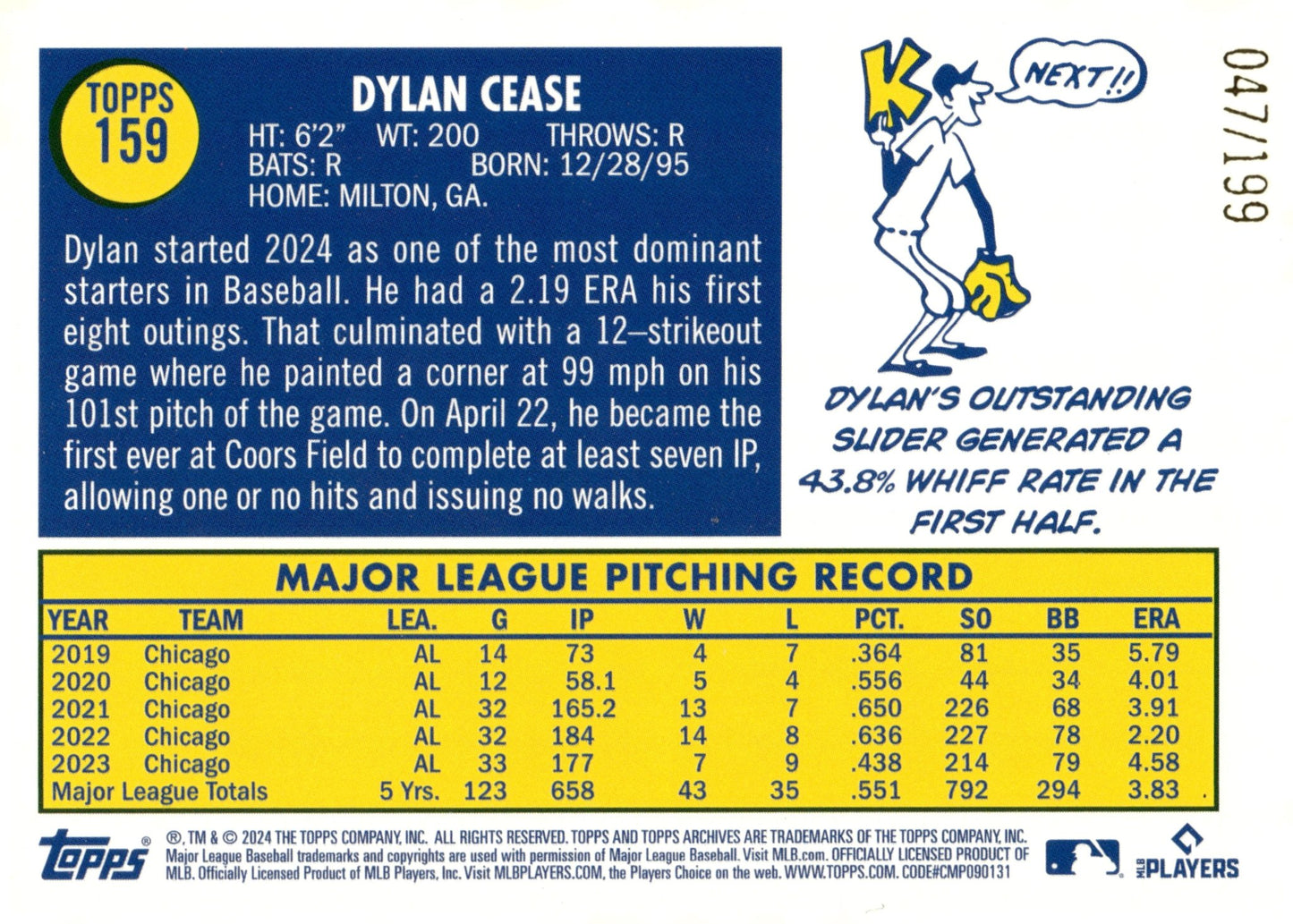 Dylan Cease 2024 Topps Archives Holo 047/199 #159 - Collector Store LLC