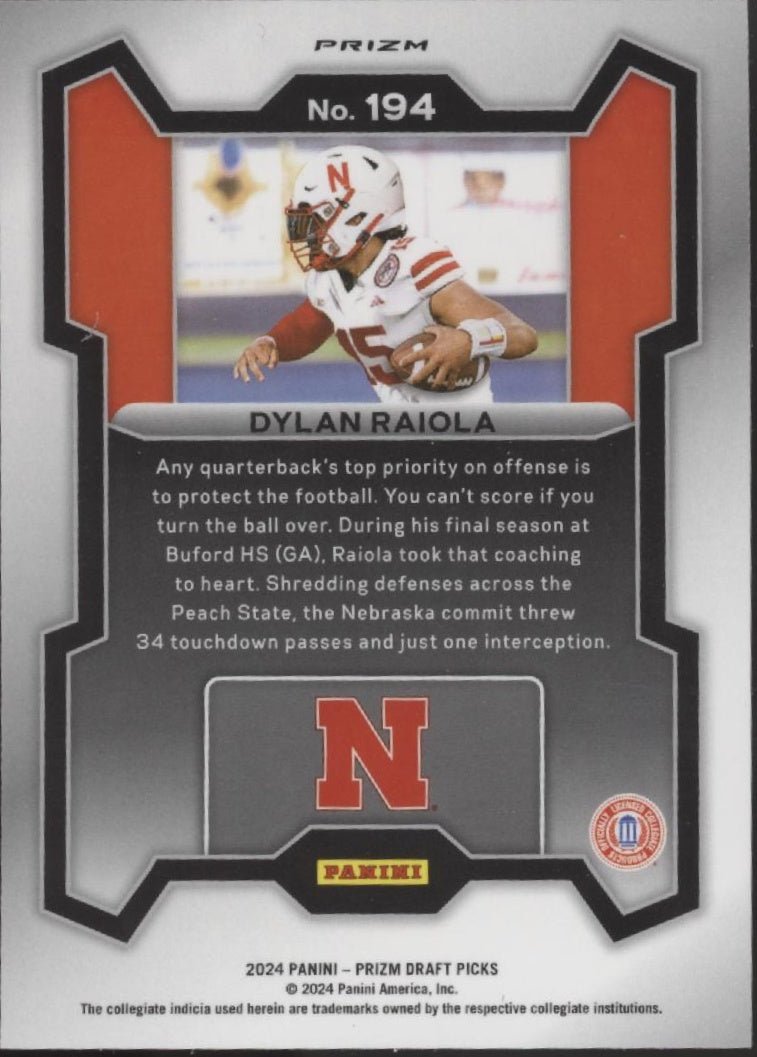 Dylan Raiola 2024 Panini Prizm Draft Picks Rated Prospect Red Ice Prizm #194 - Collector Store LLC