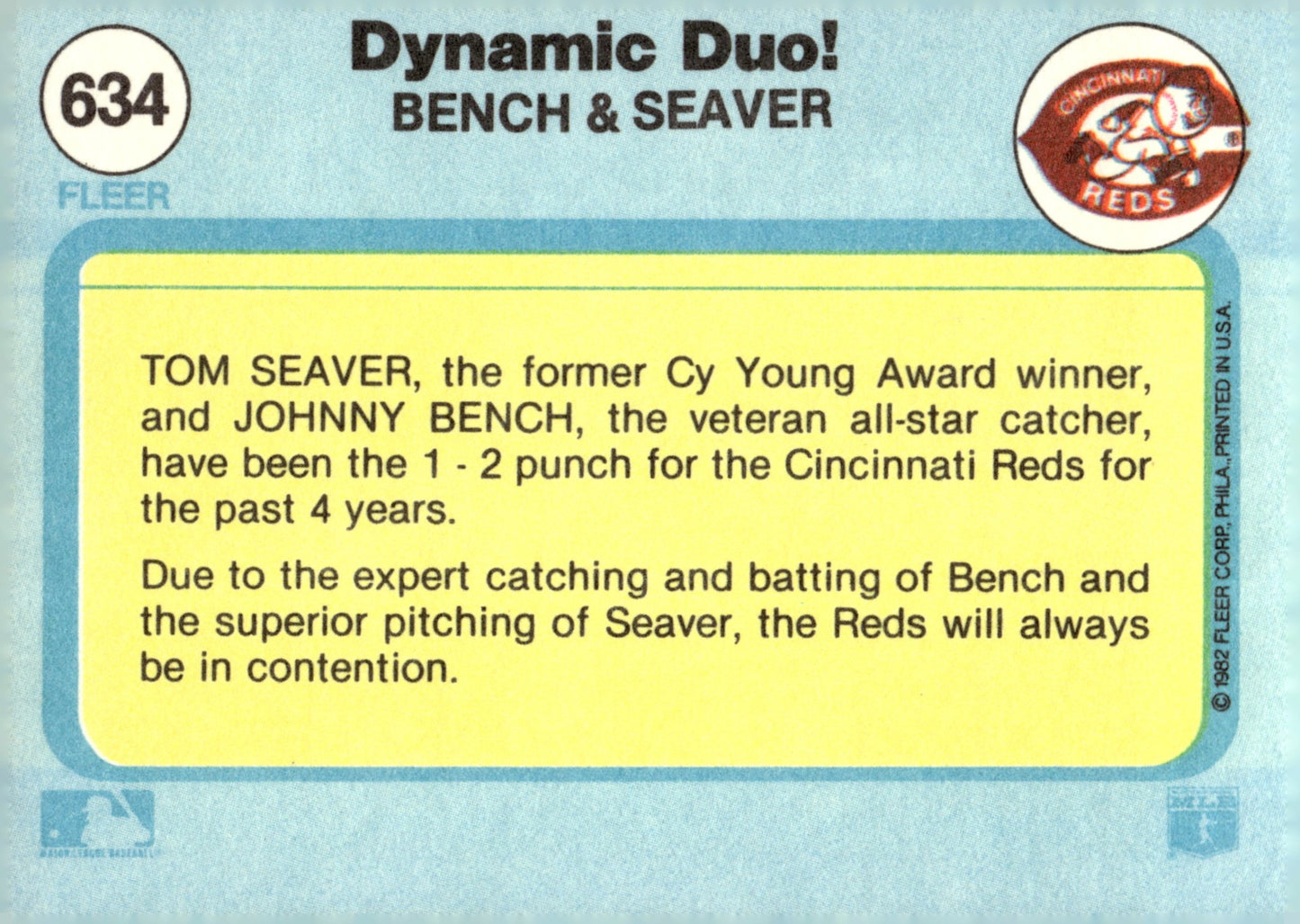 Dynamic Duo! 1982 Fleer Johnny Bench / Tom Seaver 634 - Collector Store LLC