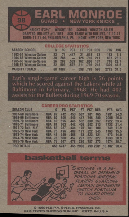 Earl Monroe 1976 - 77 Topps Oversized #98 New York Knicks - Collector Store LLC