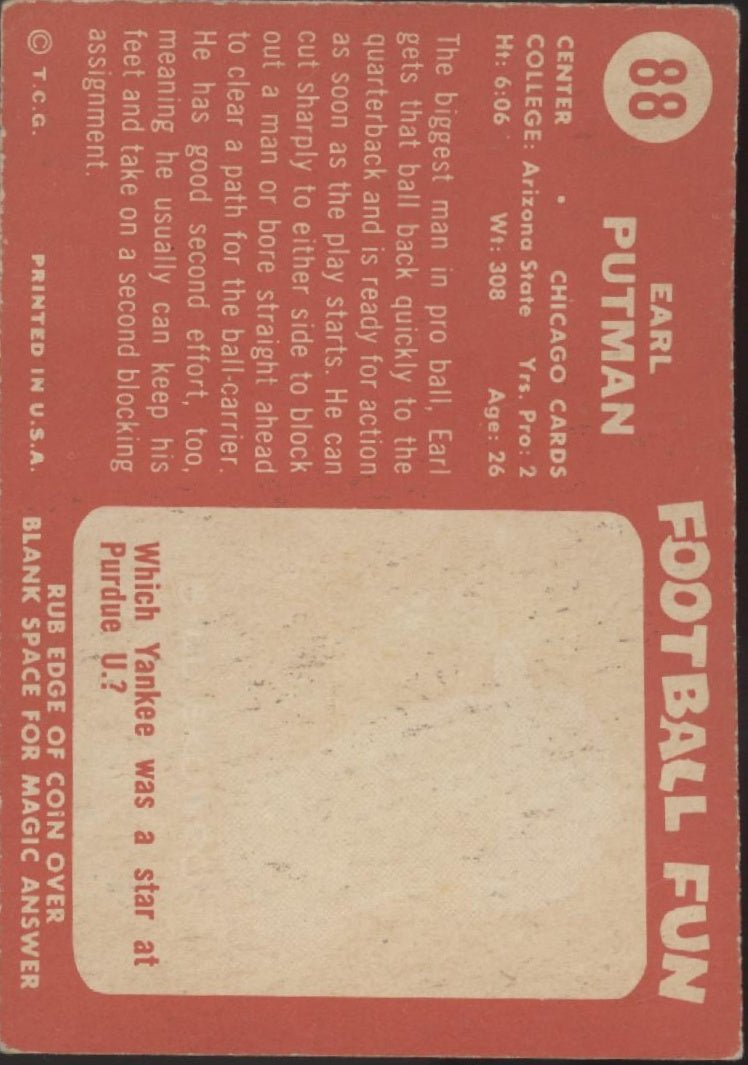 Earl Putman 1958 Topps RC #88 Chicago Cardinals VG - EX - Collector Store LLC