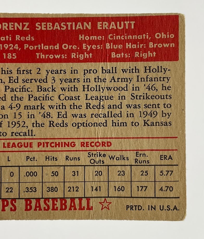 Ed Erautt 1952 Topps Cincinnati Reds RC #171 VG - Collector Store LLC