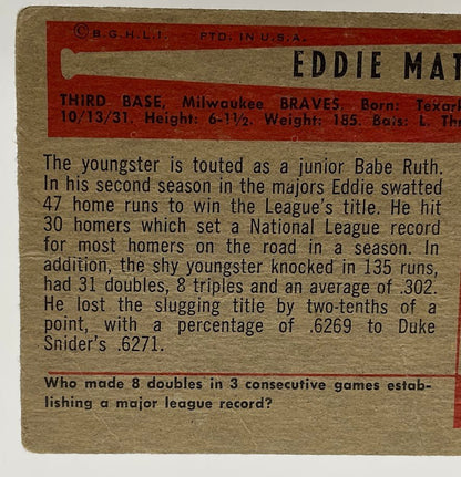 Ed Mathews 1954 Bowman #64 Milwaukee Braves PR - Collector Store LLC