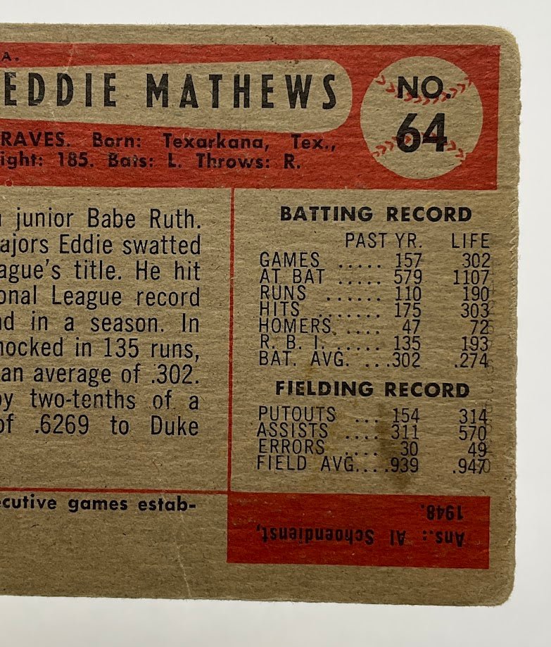 Ed Mathews 1954 Bowman #64 Milwaukee Braves PR - Collector Store LLC