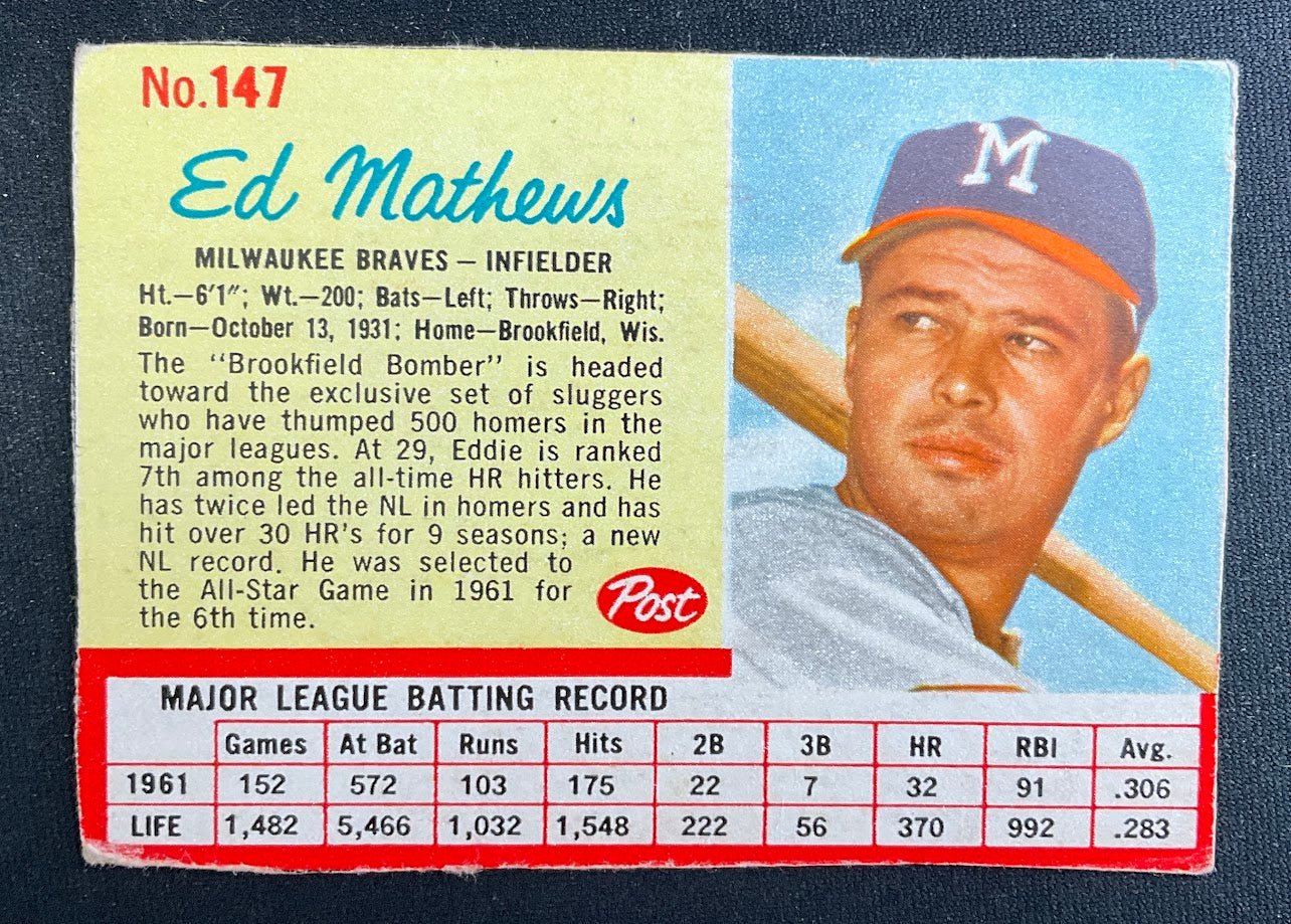 Ed Mathews 1962 Post Handcut #147 Milwaukee Braves VG - EX #1 - Collector Store LLC