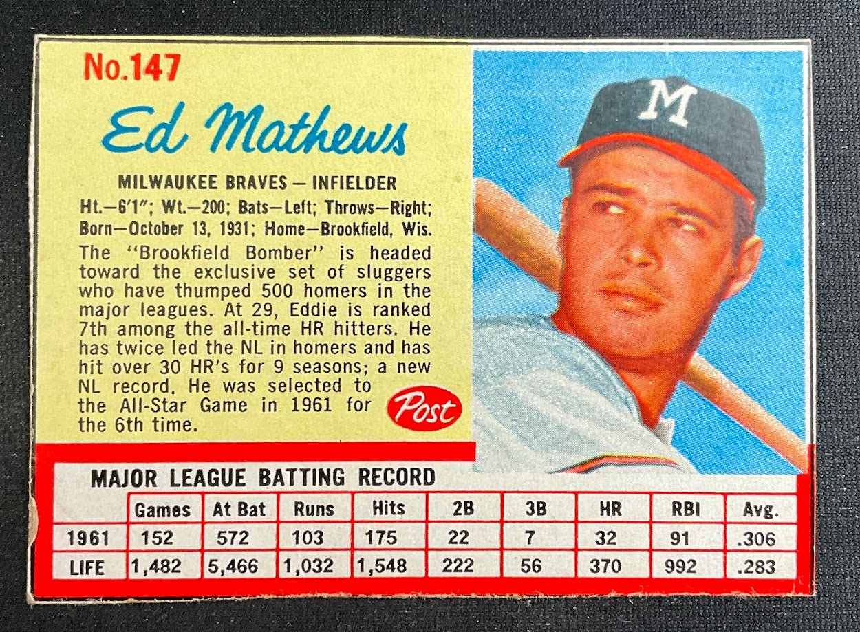 Ed Mathews 1962 Post Handcut #147 Milwaukee Braves VG - EX #2 Marked - Collector Store LLC